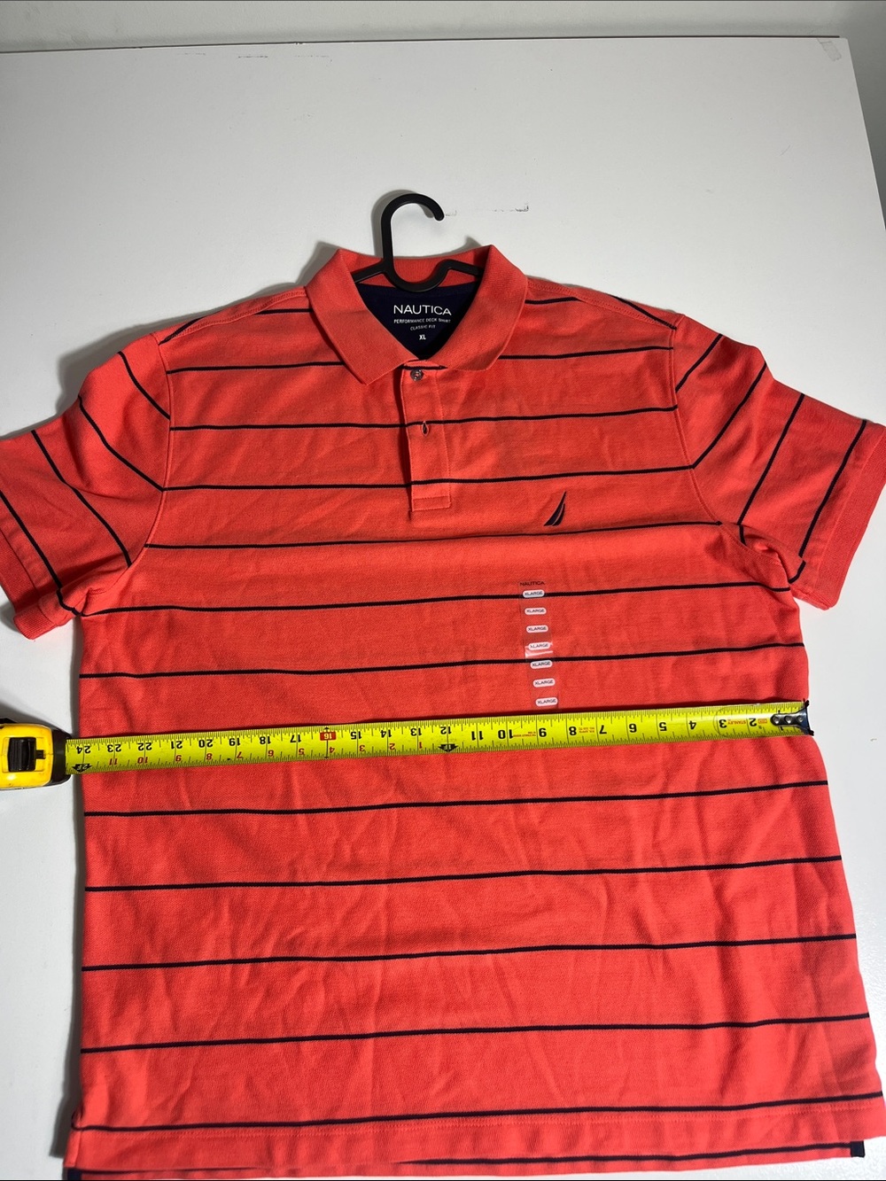 Nautica Men's Coral Red Polo with Navy Stripes